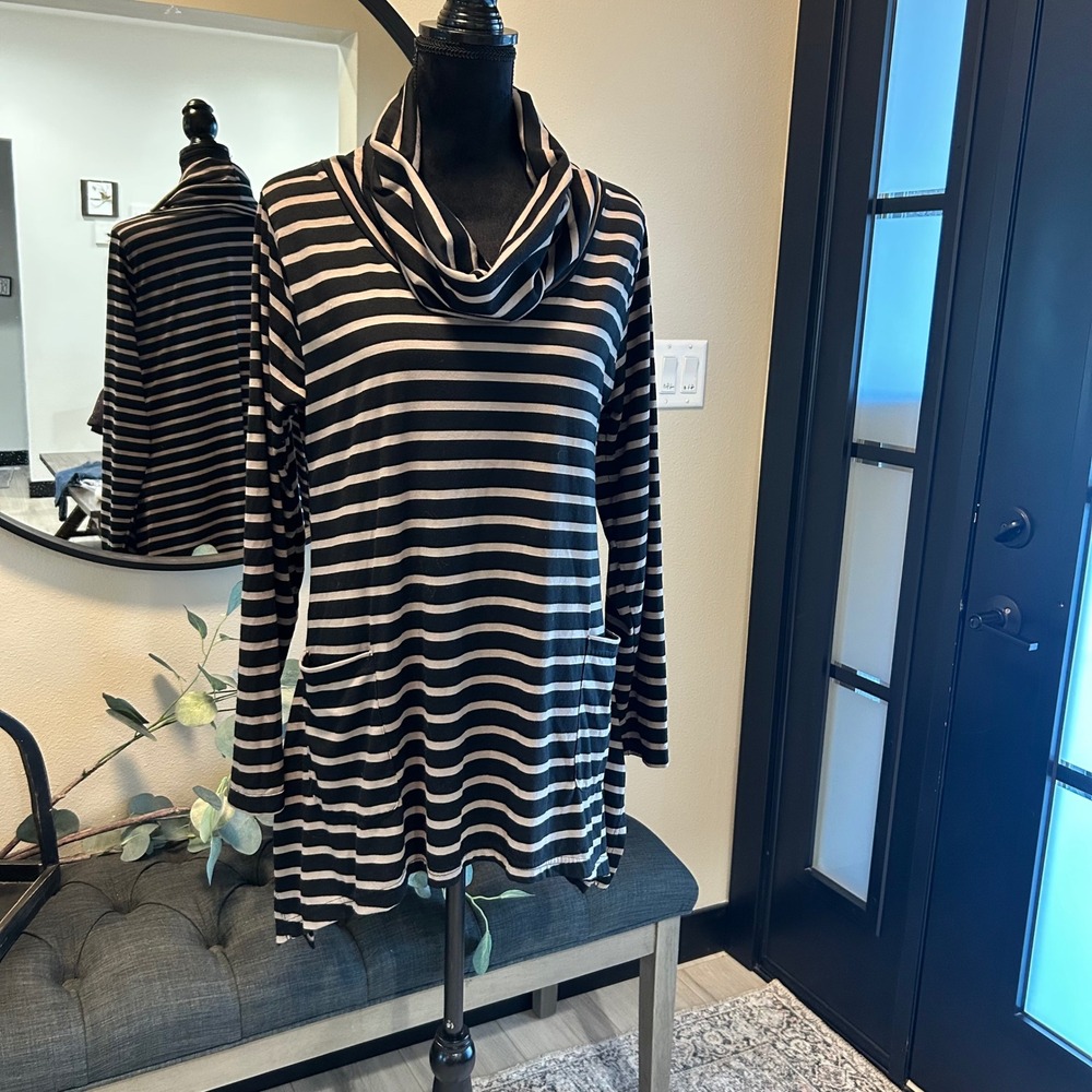 Venus Black Cream Tan Striped Cowl Neck Tunic Top with Pockets Large